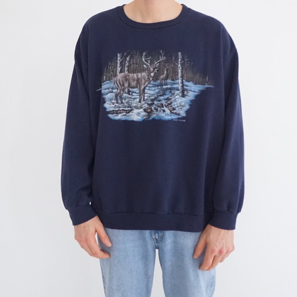 Hunt Club Navy Deer Forest Graphic Outdoor Crewneck Sweatshirt Cotton Blend L